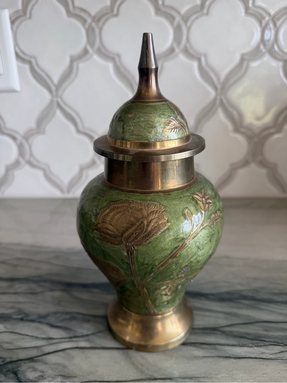 Vintage India Brass Green Enamel Ginger Jar Urn Floral 9” Lidded